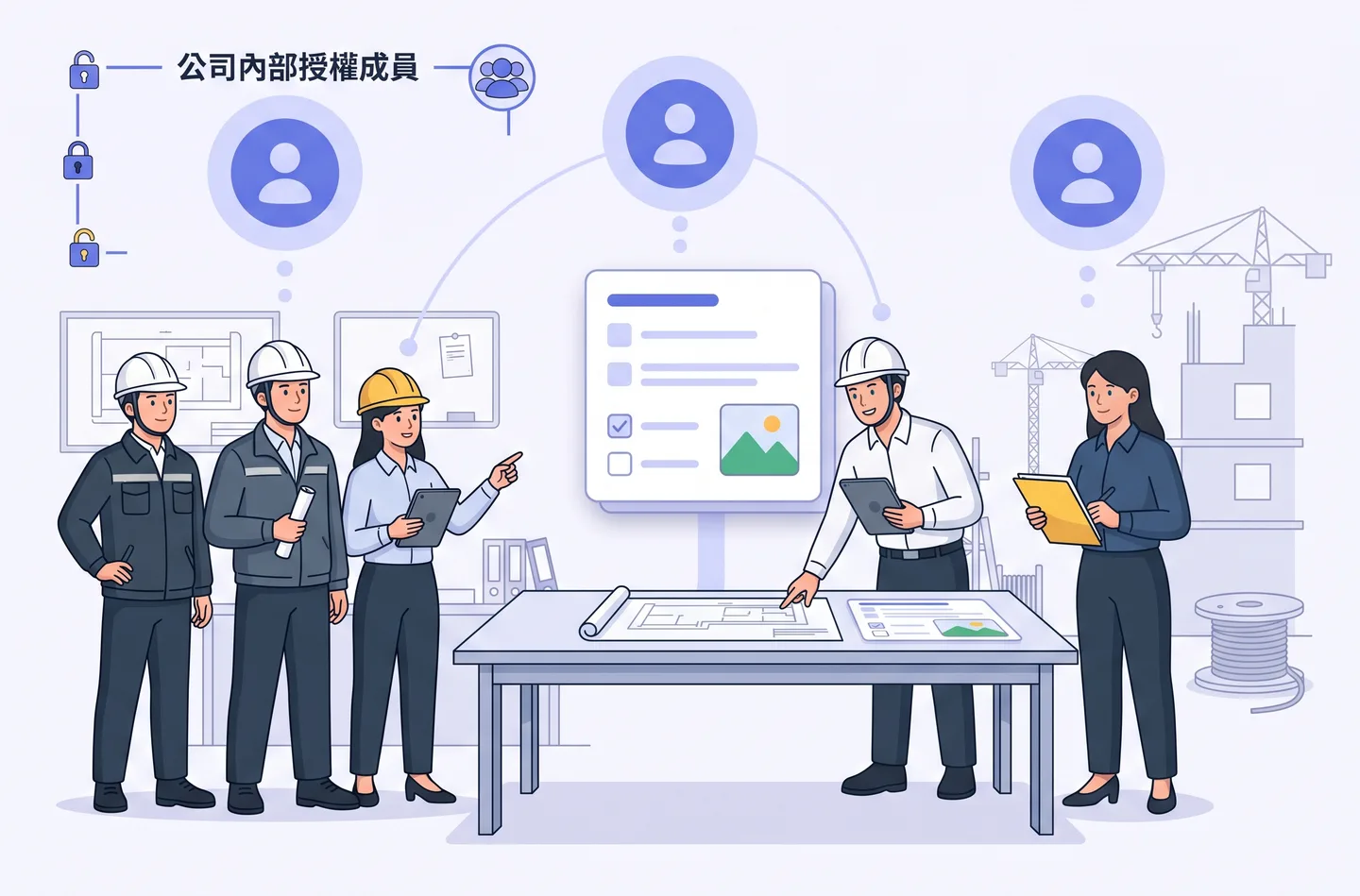 多位工程人員以工作卡片協作，代表內部使用者依人數計費