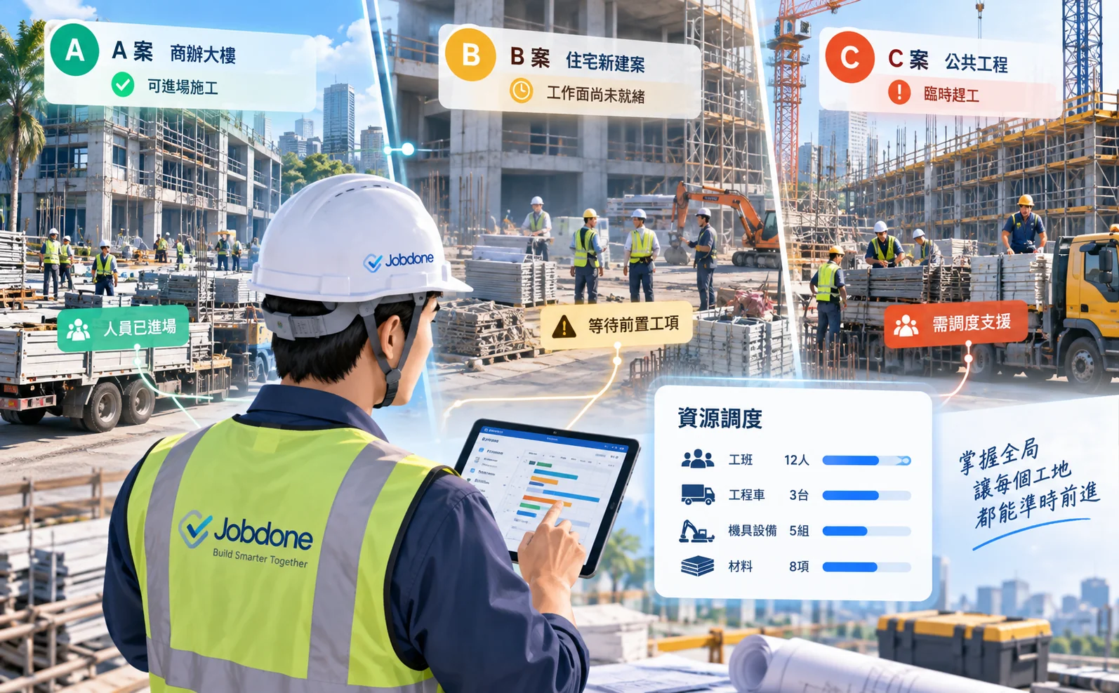 工程主管同時查看三個建案的人員、車輛、機具與材料調度狀況