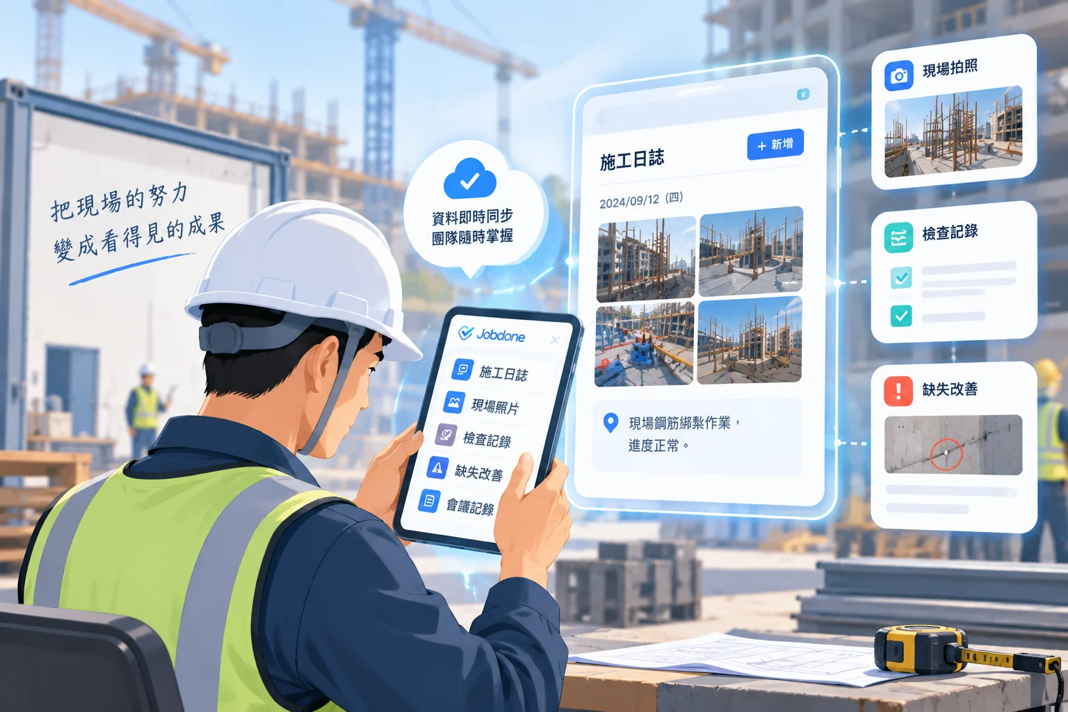 工程人員使用 Jobdone 將現場照片、施工日誌、檢查與改善紀錄集中留下