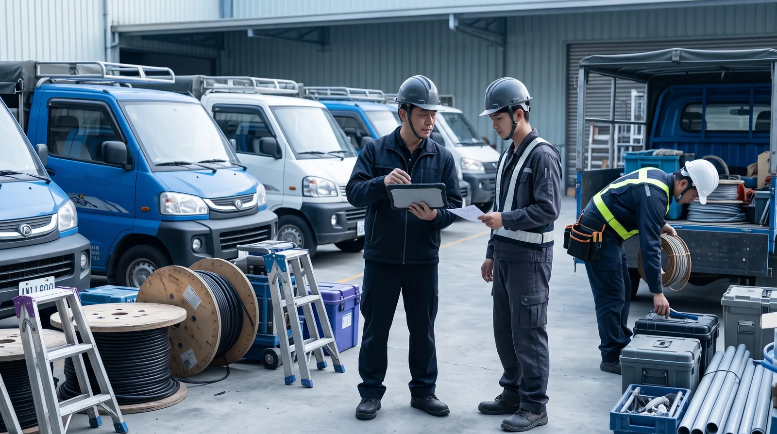 工程人員在車輛與機具旁安排資源